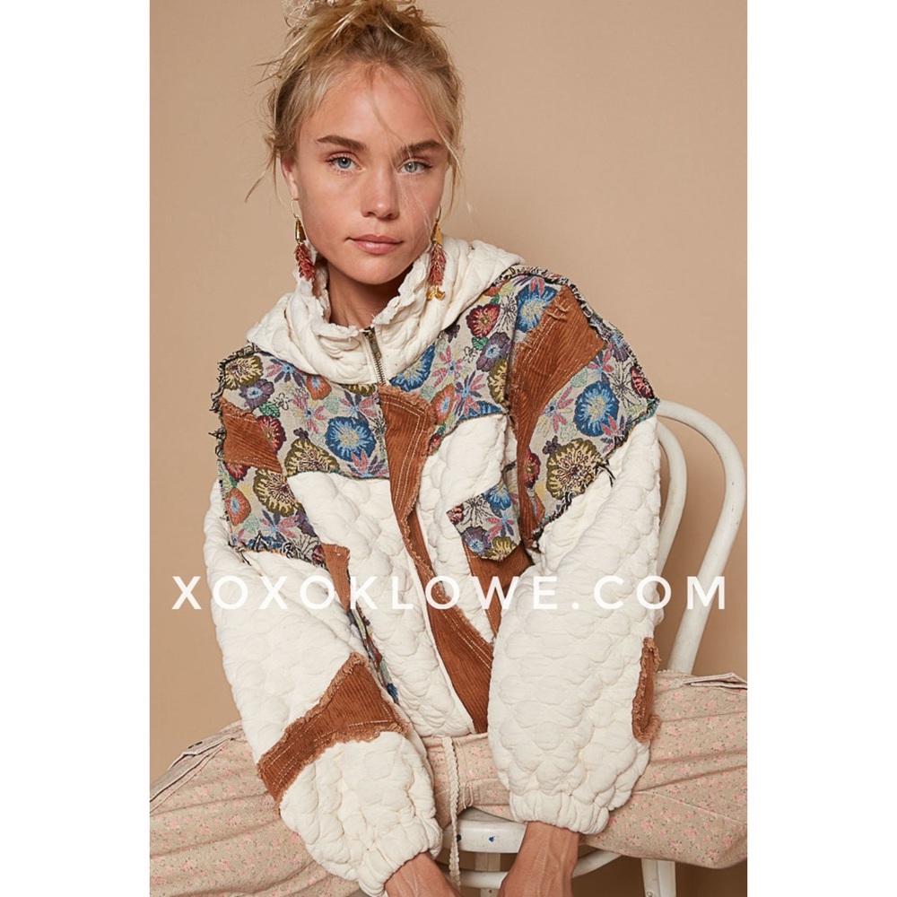 POL Cream Quilted Zip Up Jacket with Floral Jacquard & Corduroy Contrast - Picture 4 of 9